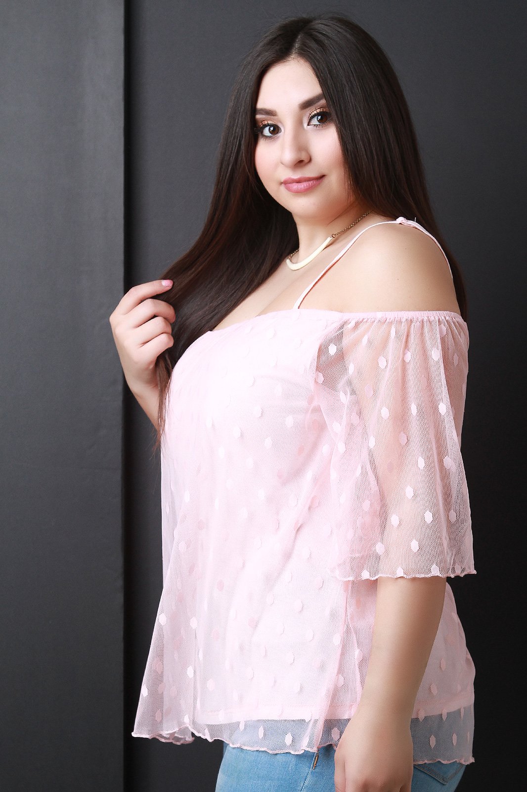 Polka Dot Mesh Cold Shoulder Top