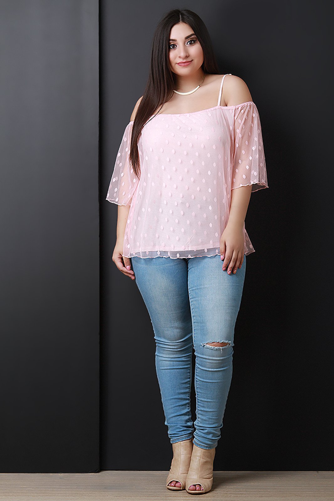 Polka Dot Mesh Cold Shoulder Top