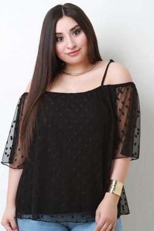 Polka Dot Mesh Cold Shoulder Top