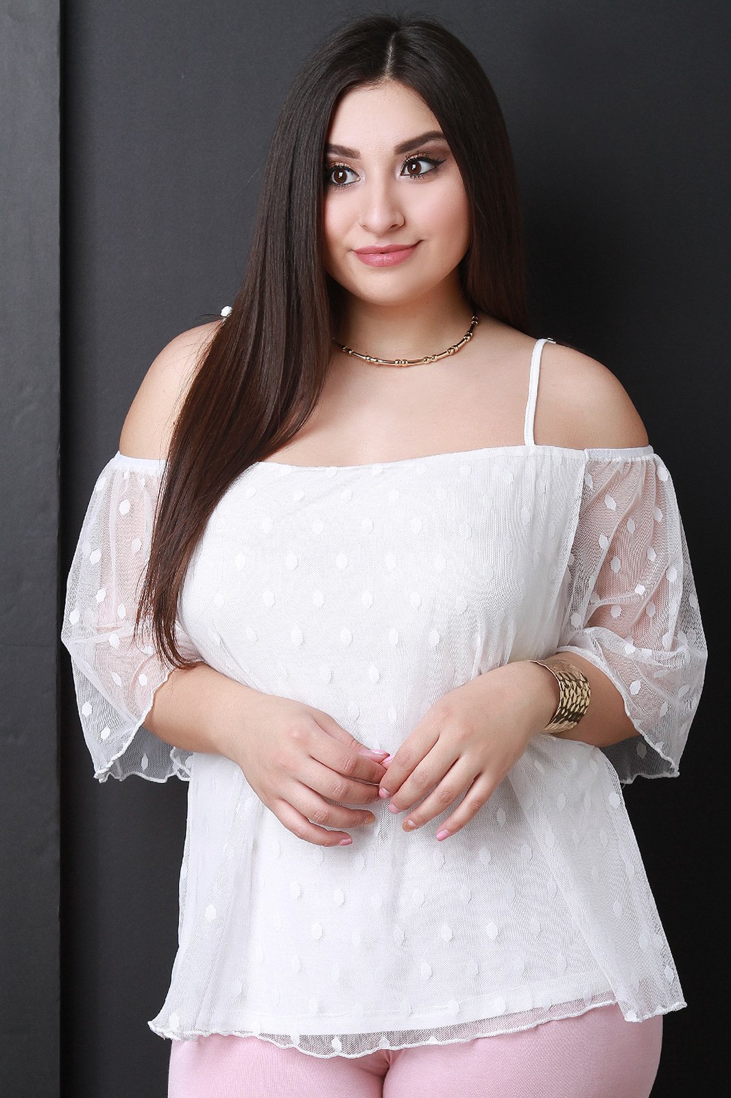 Polka Dot Mesh Cold Shoulder Top