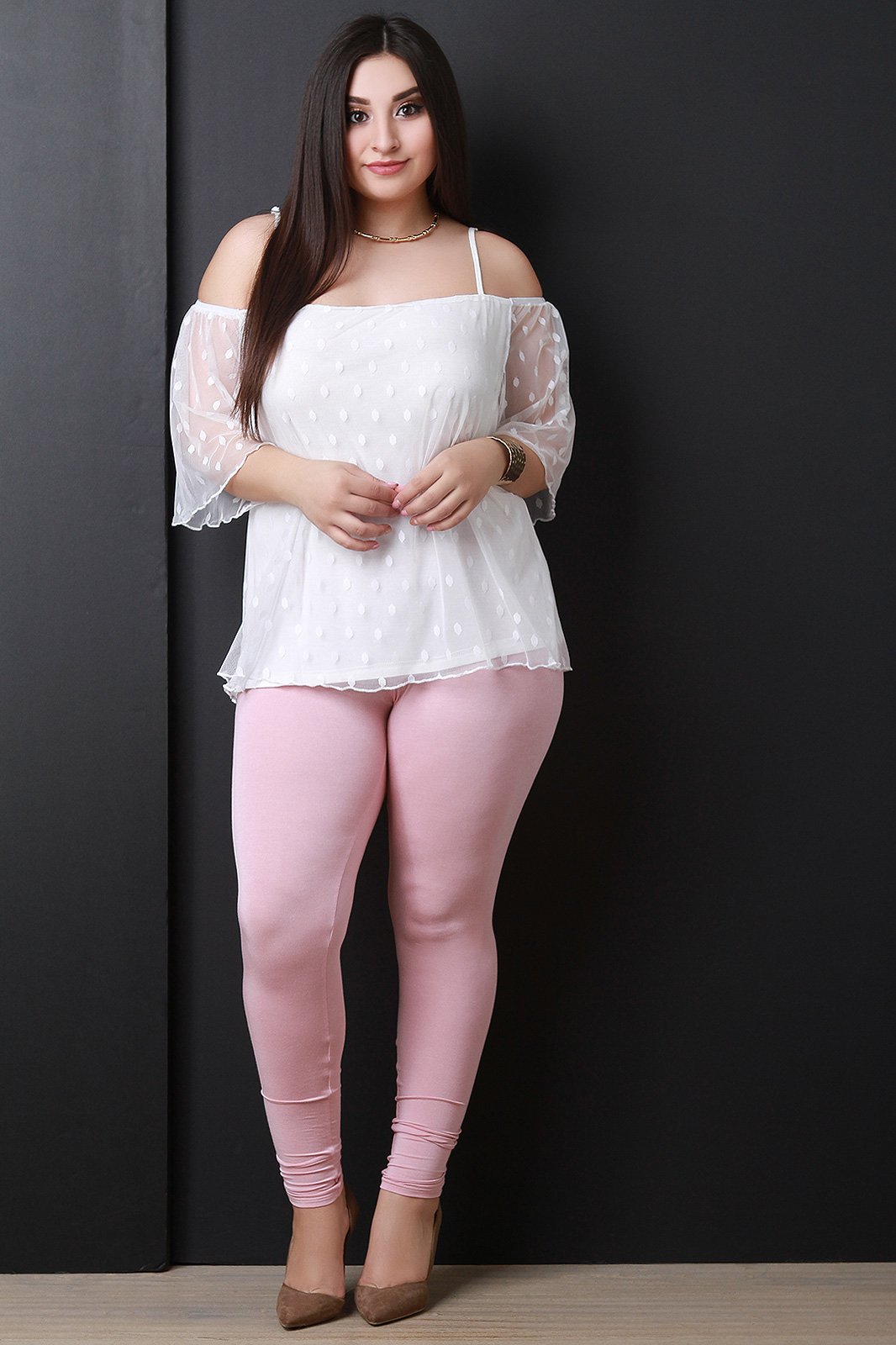 Polka Dot Mesh Cold Shoulder Top