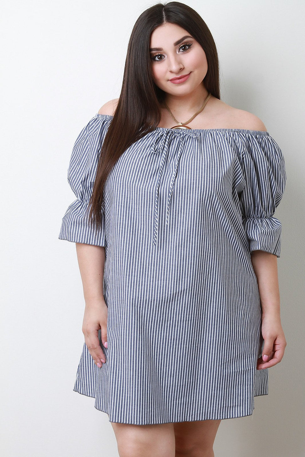 Stripe Drawstring Flared Sleeve Bardot Dress