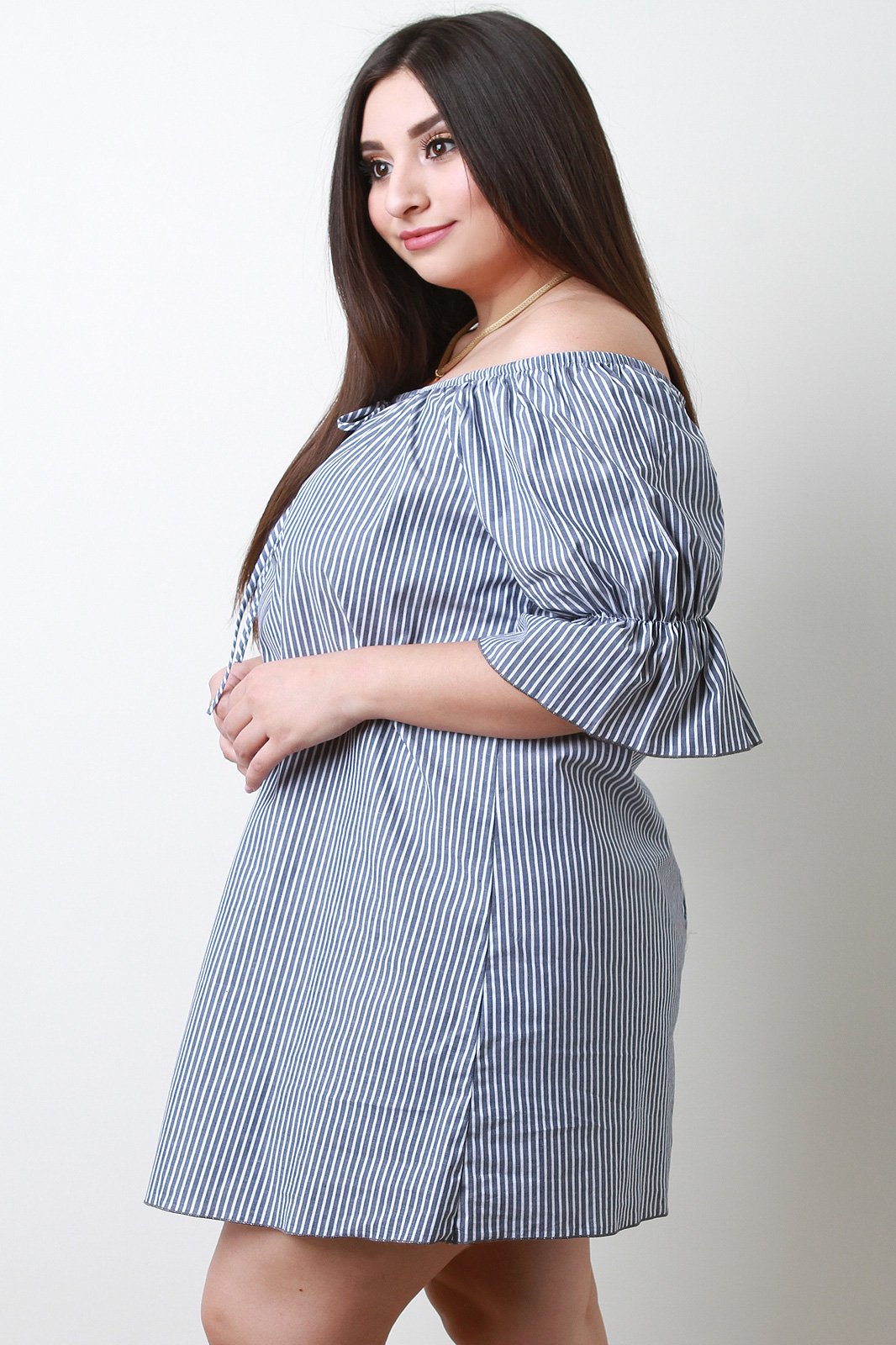 Stripe Drawstring Flared Sleeve Bardot Dress