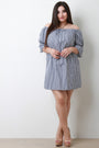 Stripe Drawstring Flared Sleeve Bardot Dress