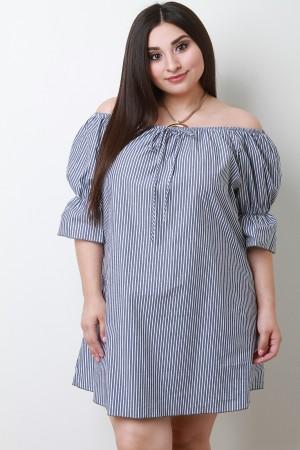 Stripe Drawstring Flared Sleeve Bardot Dress