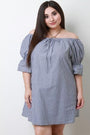 Stripe Drawstring Flared Sleeve Bardot Dress