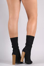 Qupid Knit Fitted Chunky Heeled Mid Calf Boot
