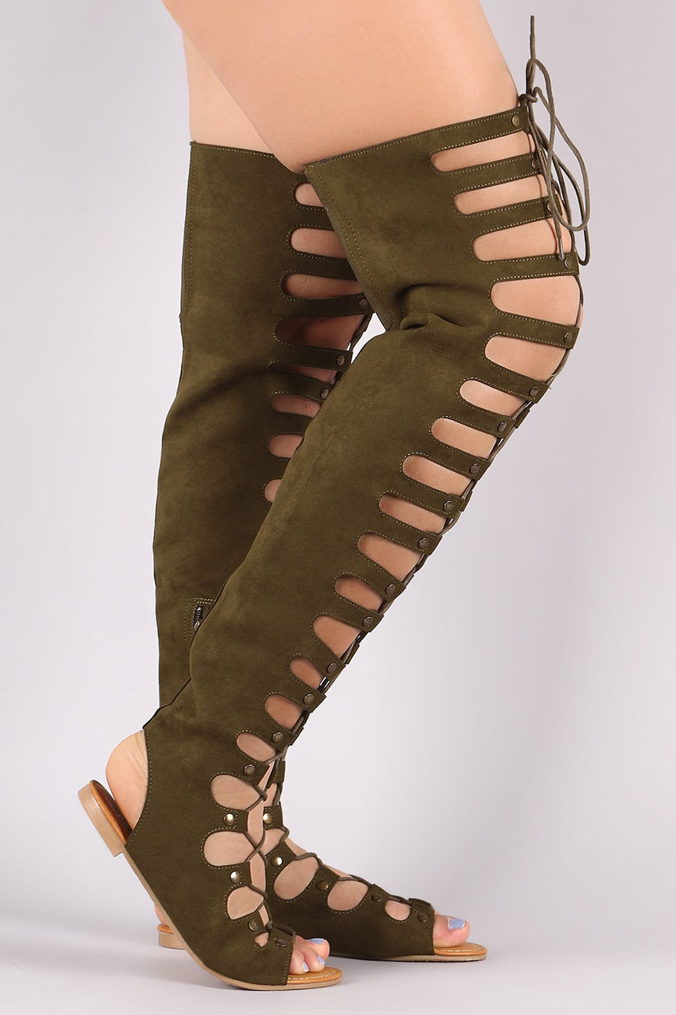 Bamboo Studded Thigh High Lace Up Gladiator Flat Sandal