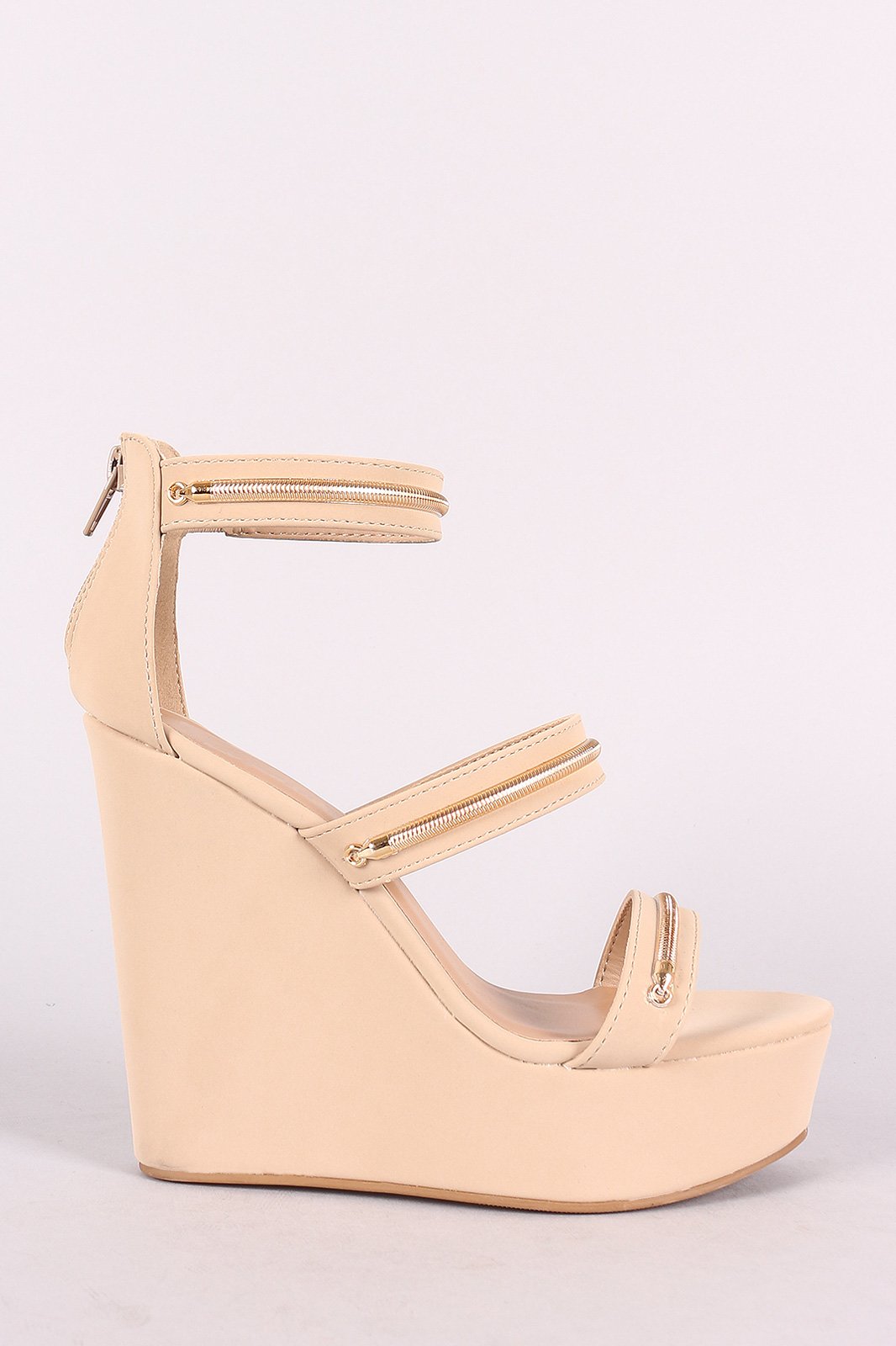 Bamboo Metallic Accent Triple Straps Open Toe Wedge