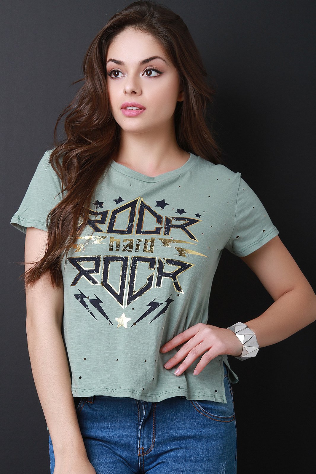 Rock Hard Distressed Jersey Knit High Low Top