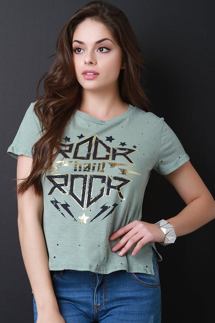 Rock Hard Distressed Jersey Knit High Low Top