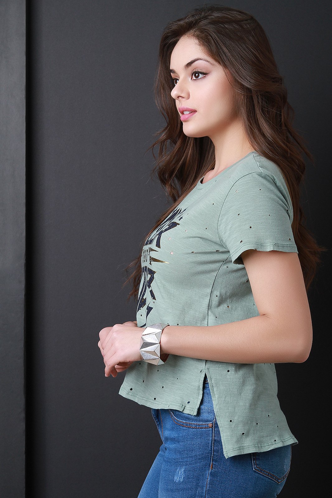 Rock Hard Distressed Jersey Knit High Low Top