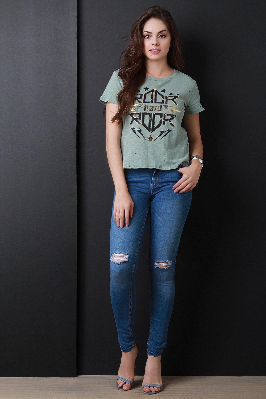 Rock Hard Distressed Jersey Knit High Low Top