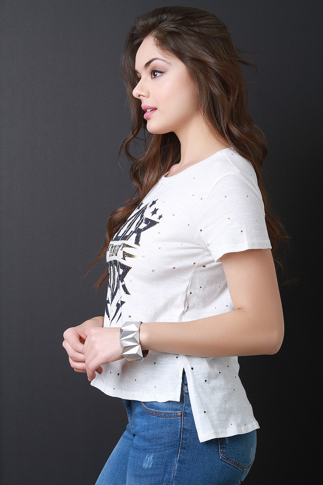 Rock Hard Distressed Jersey Knit High Low Top