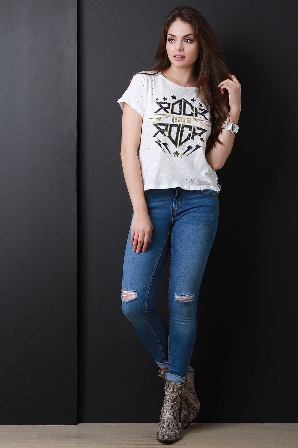 Rock Hard Distressed Jersey Knit High Low Top