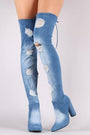 Drawstring-Tie Cylindrical Heeled OTK Fitted Denim Boots