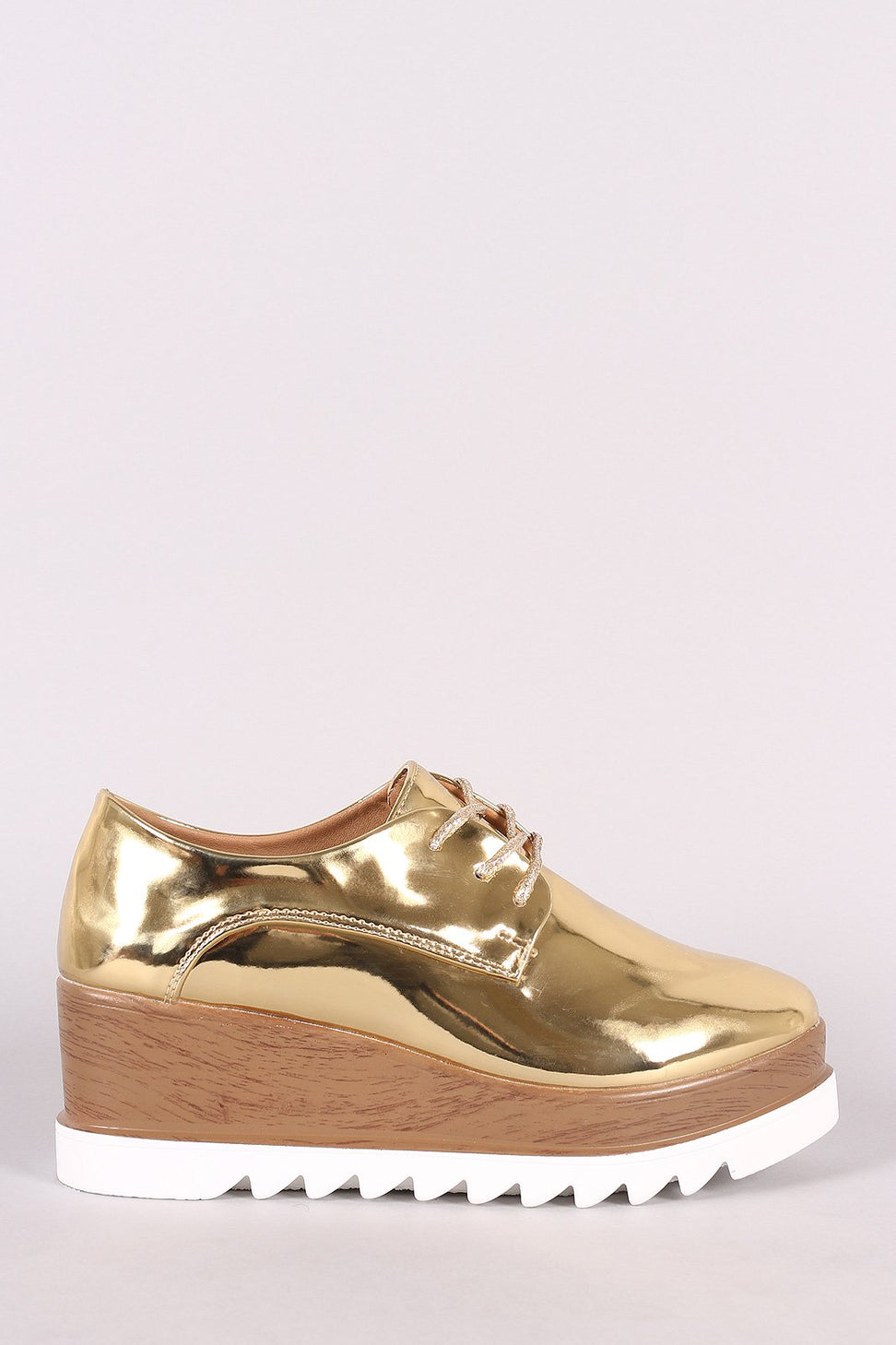Qupid Metallic Oxford Lace Up Lug Sole Platform Wedge