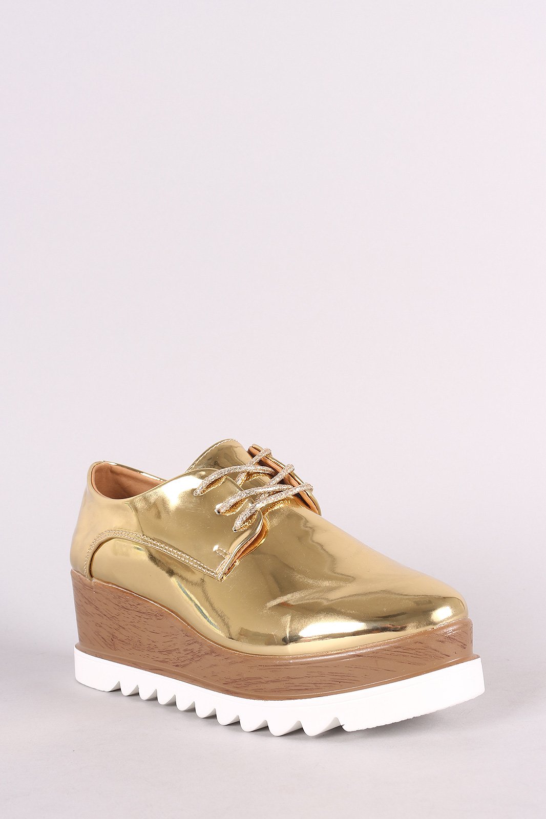 Qupid Metallic Oxford Lace Up Lug Sole Platform Wedge