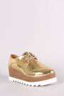 Qupid Metallic Oxford Lace Up Lug Sole Platform Wedge