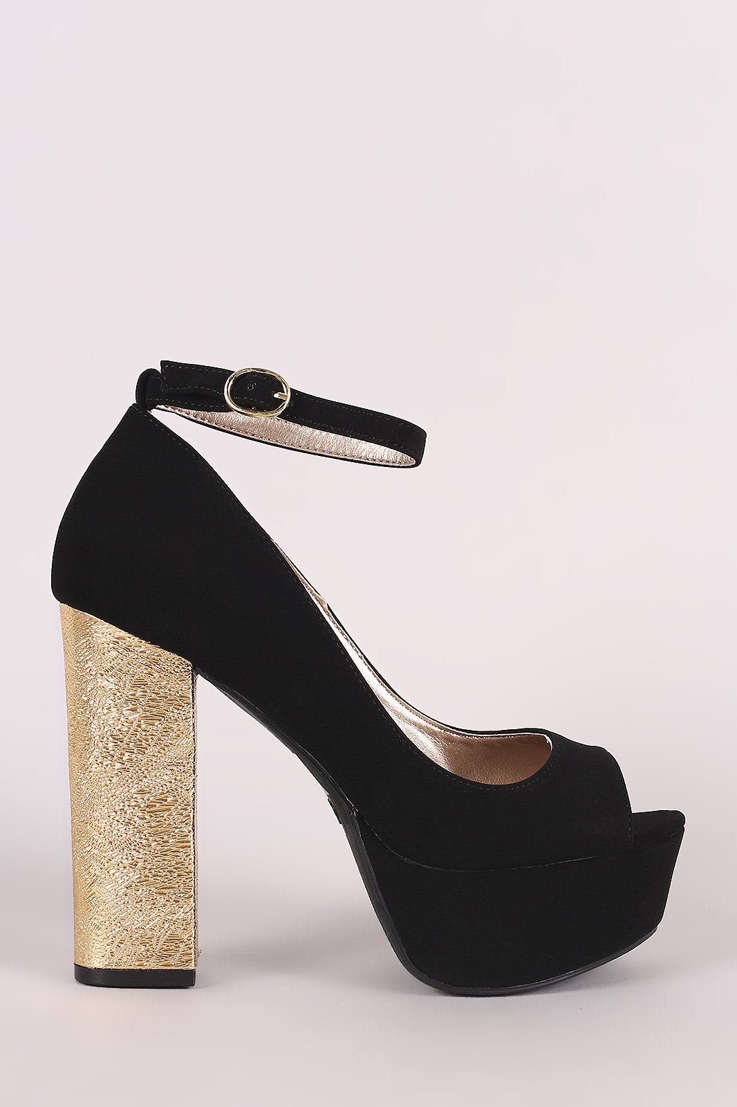Qupid Metallic Chunky Heeled Ankle Strap Platform Pump