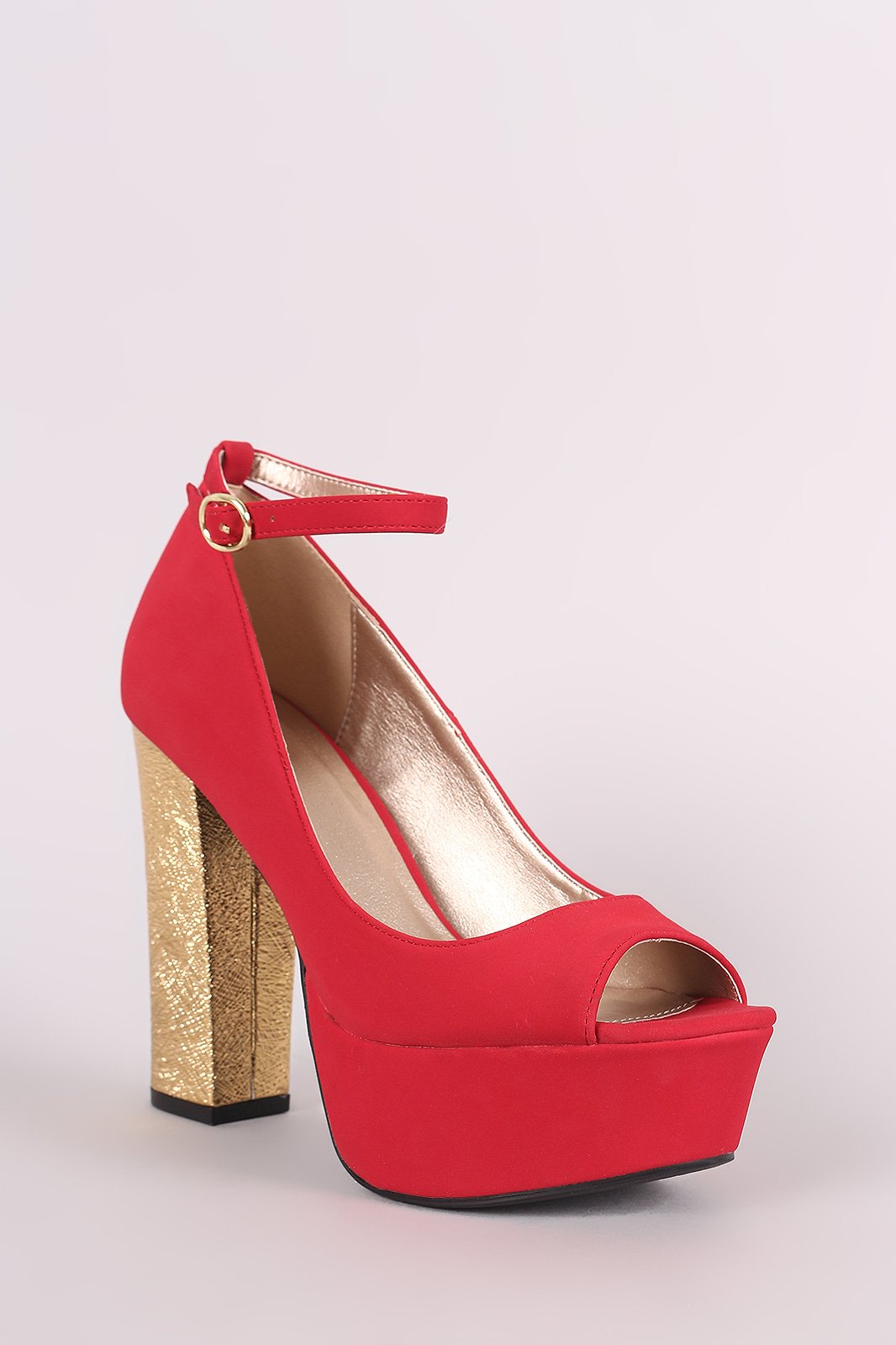 Qupid Metallic Chunky Heeled Ankle Strap Platform Pump
