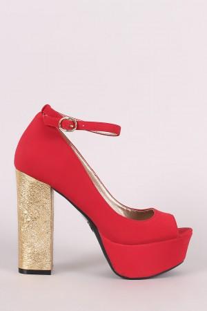 Qupid Metallic Chunky Heeled Ankle Strap Platform Pump