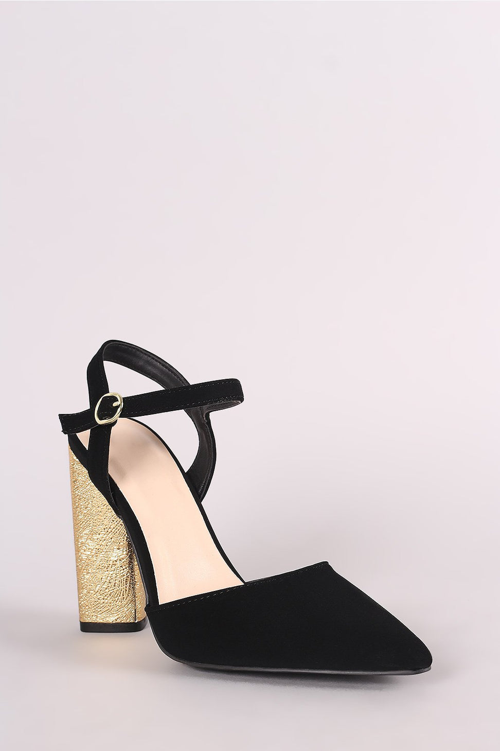 Qupid Pointy Toe Metallic Textured Chunky Heeled Pump