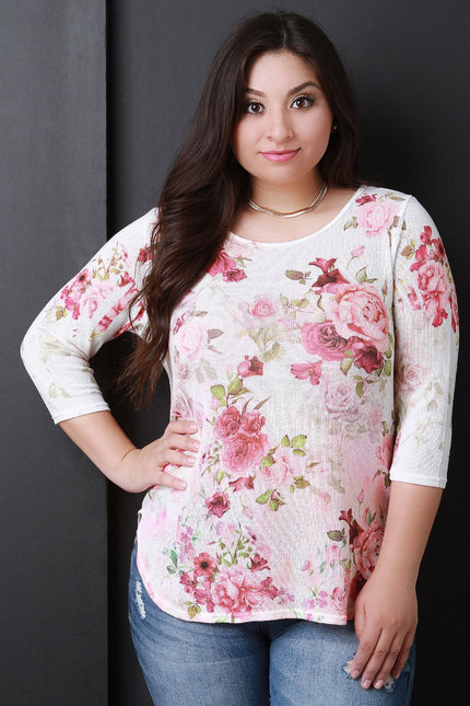 Floral Print Round Neck Quarter Sleeves Top