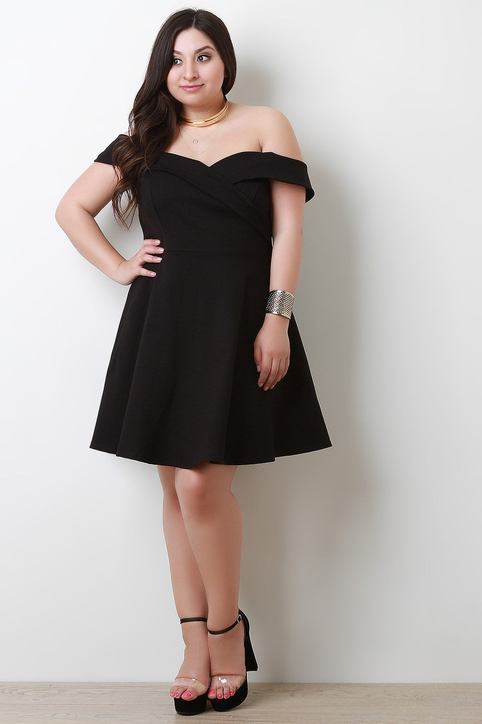 Fold Over Bardot Sweetheart Fit And Flare Dress - NoveltyOne
