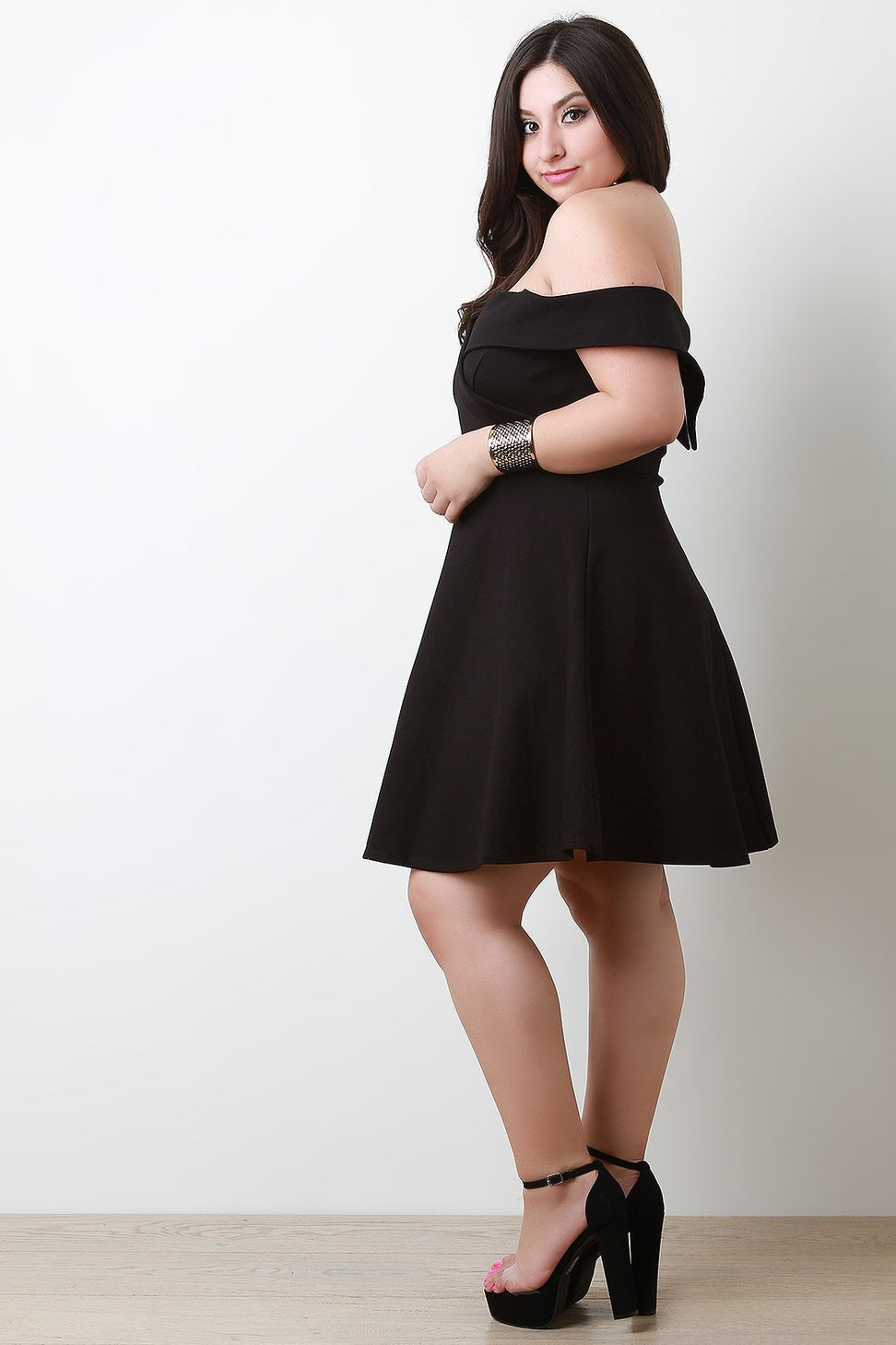 Fold Over Bardot Sweetheart Fit And Flare Dress - NoveltyOne