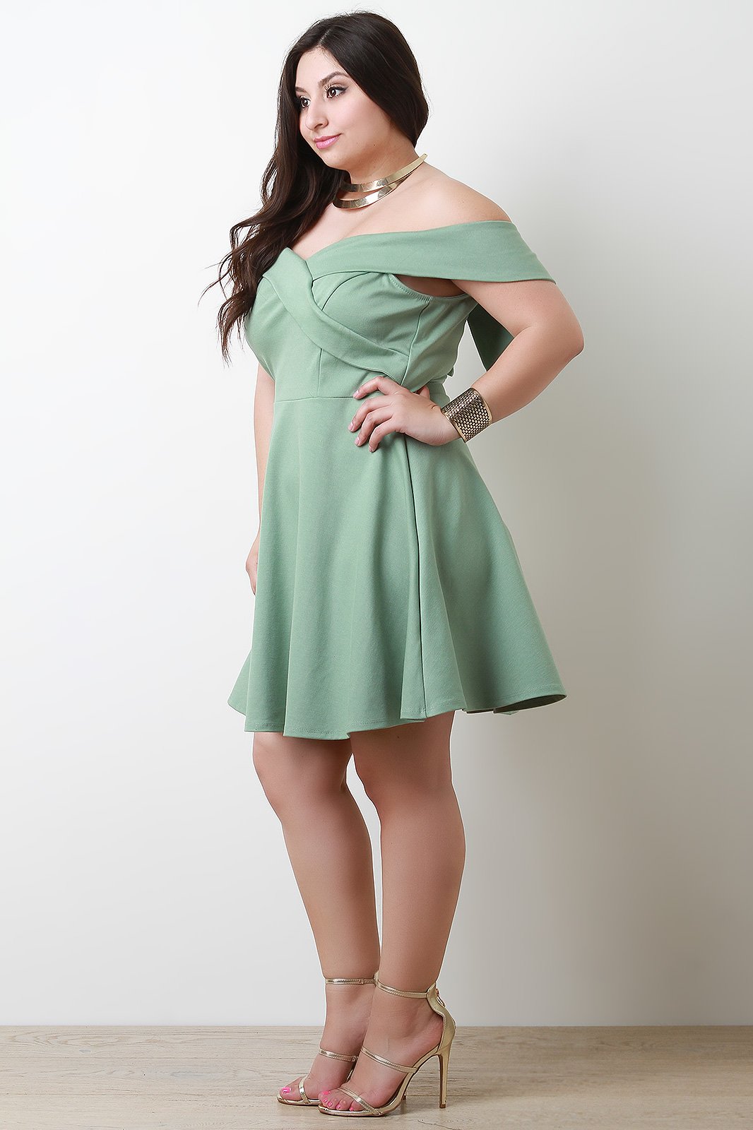 Fold Over Bardot Sweetheart Fit And Flare Dress - NoveltyOne
