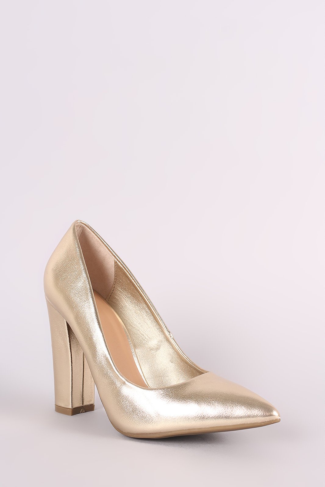 Bamboo Metallic Pointy Toe Chunky Heel Pump