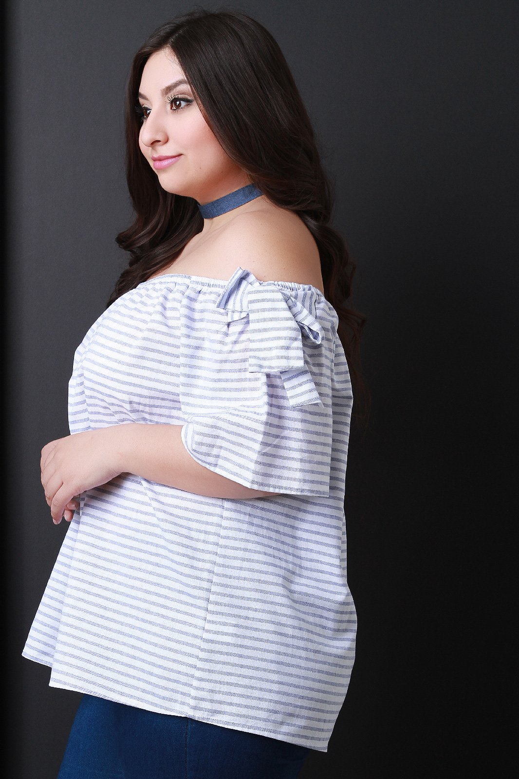 Striped Off The Shoulder Tie Short Sleeves Top