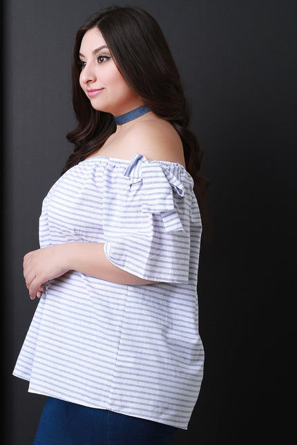 Striped Off The Shoulder Tie Short Sleeves Top