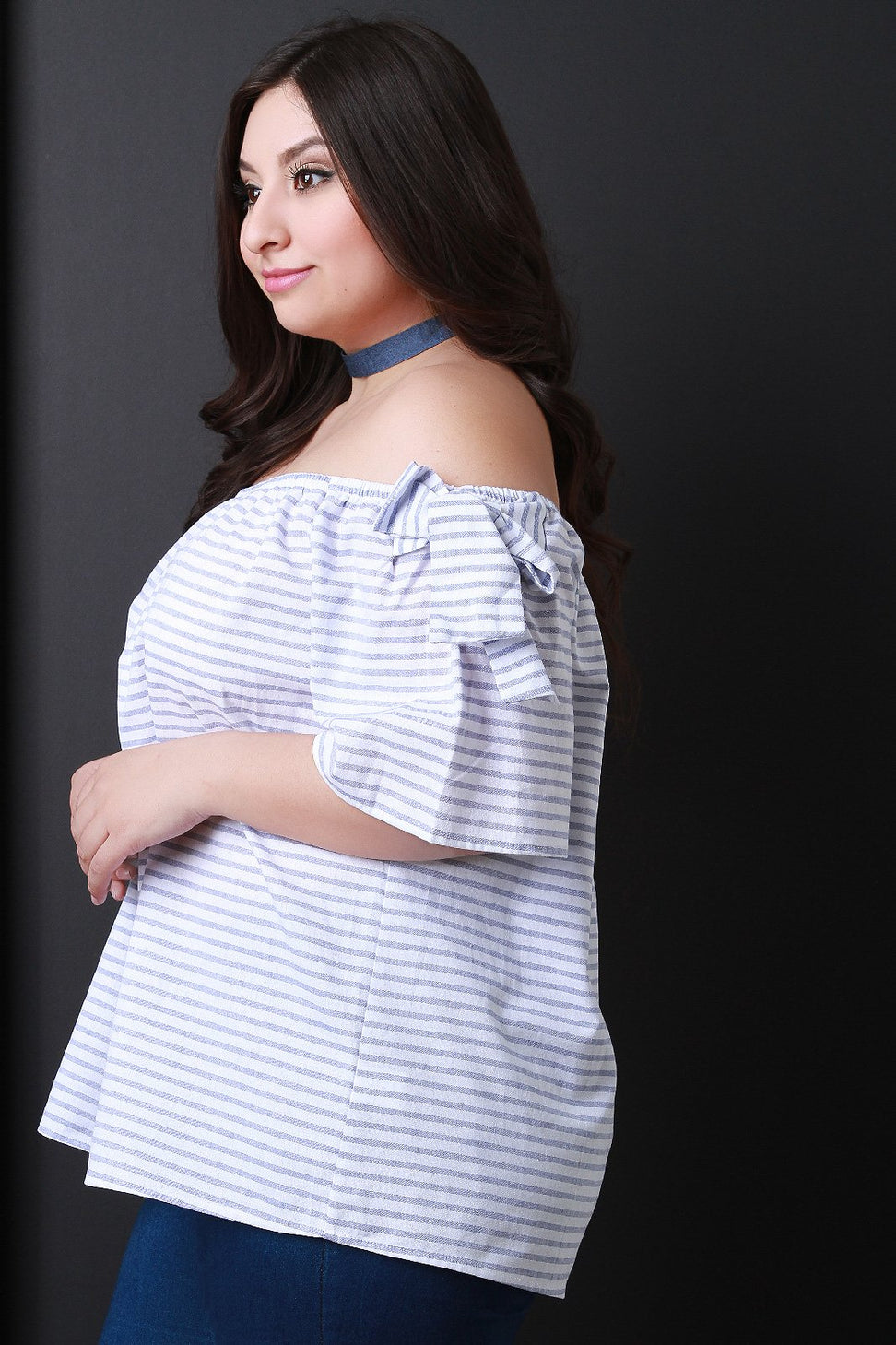 Striped Off The Shoulder Tie Short Sleeves Top