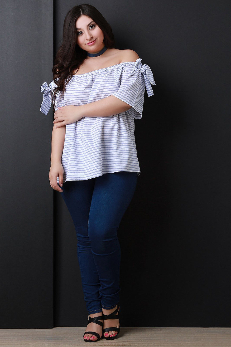 Striped Off The Shoulder Tie Short Sleeves Top