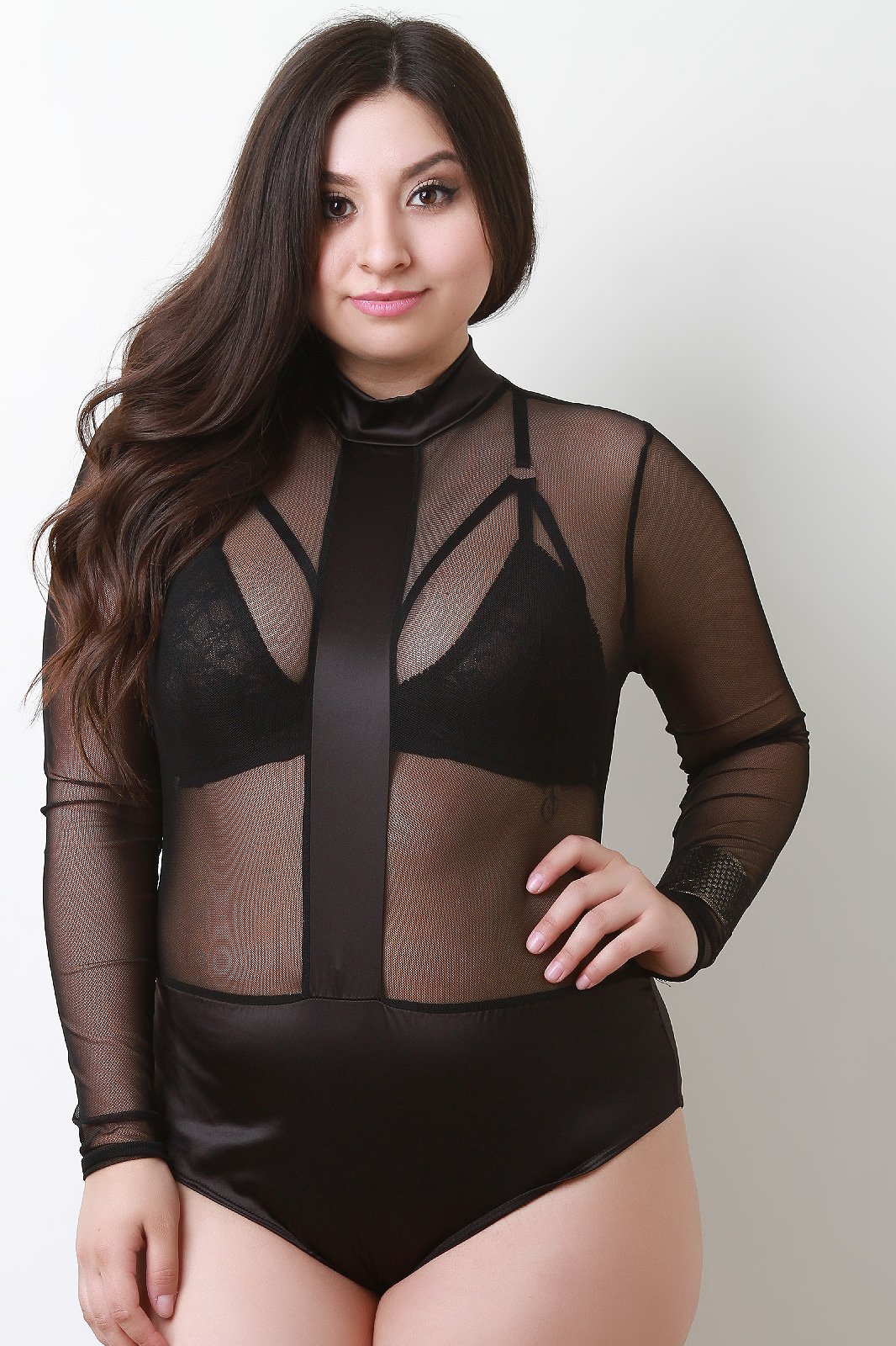 Satin Contrast Sheer Mesh Long Sleeve Bodysuit
