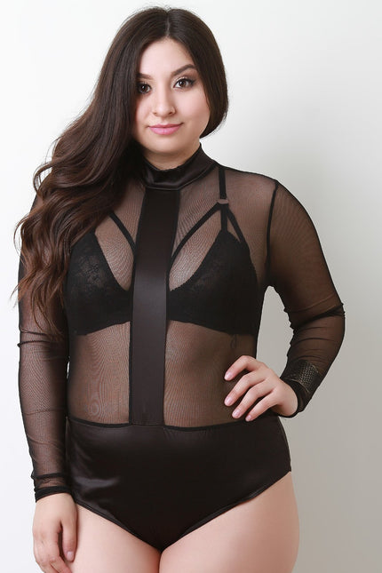 Satin Contrast Sheer Mesh Long Sleeve Bodysuit