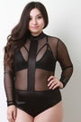 Satin Contrast Sheer Mesh Long Sleeve Bodysuit