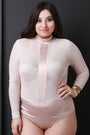 Satin Contrast Sheer Mesh Long Sleeve Bodysuit