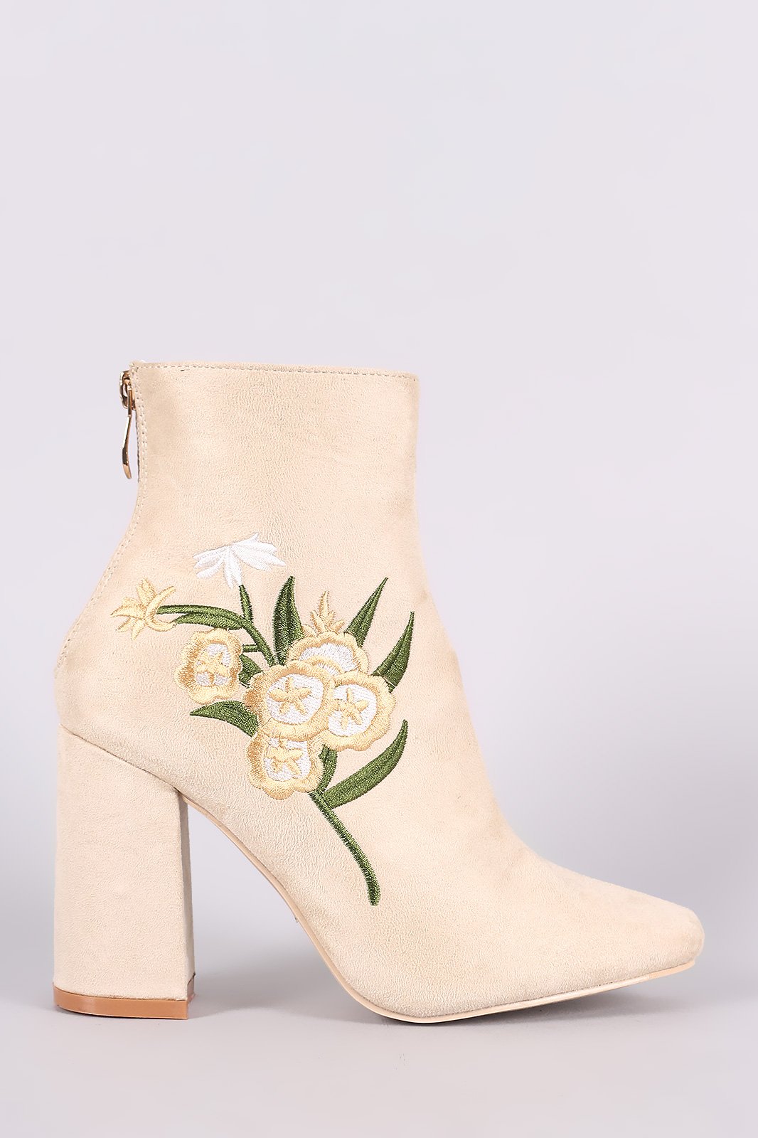 Suede Floral Embroidered Ankle Boots