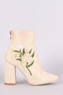 Suede Floral Embroidered Ankle Boots