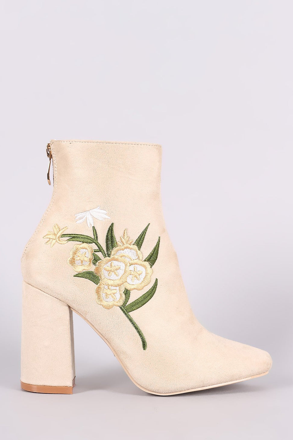 Suede Floral Embroidered Ankle Boots