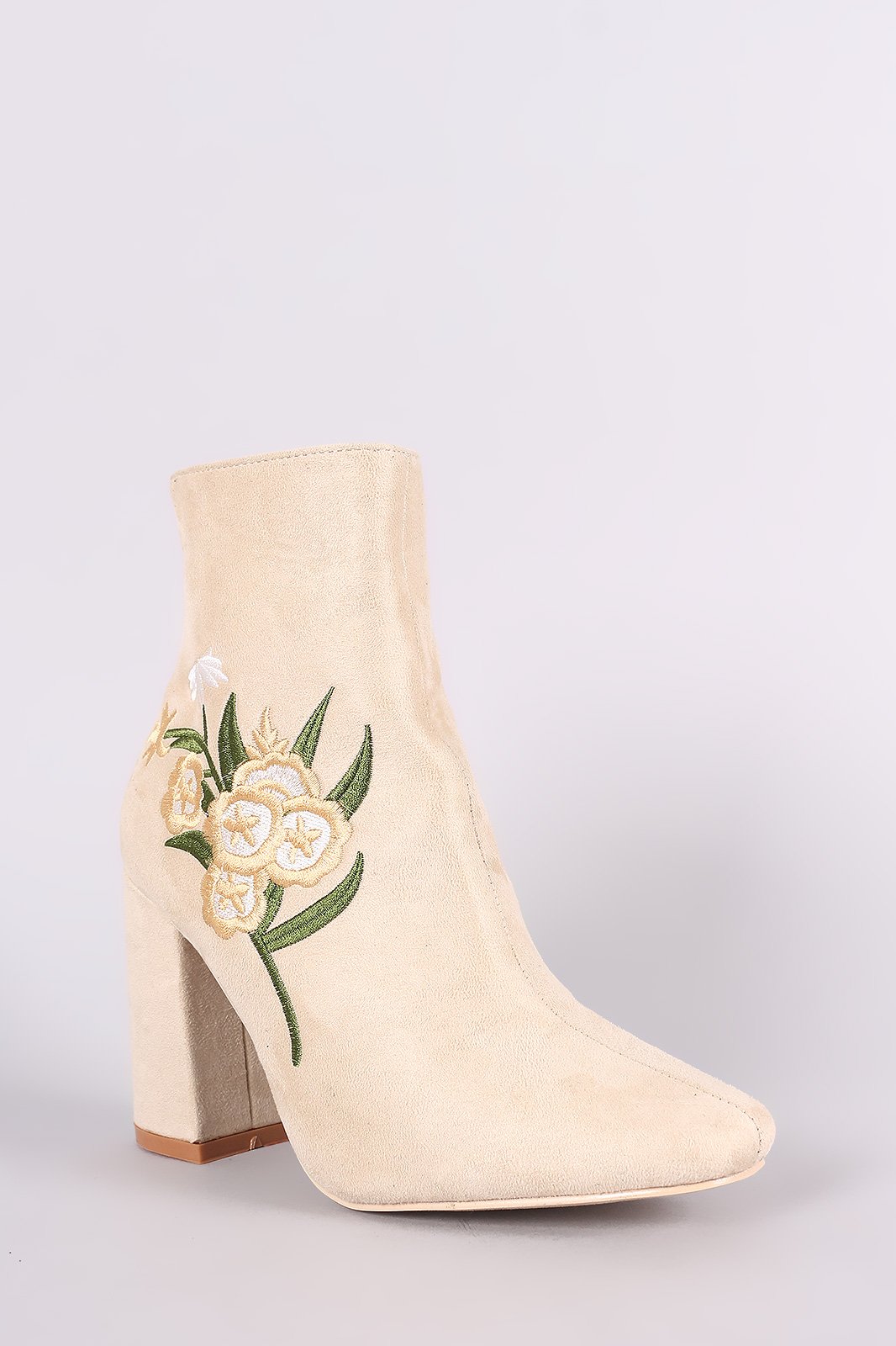Suede Floral Embroidered Ankle Boots