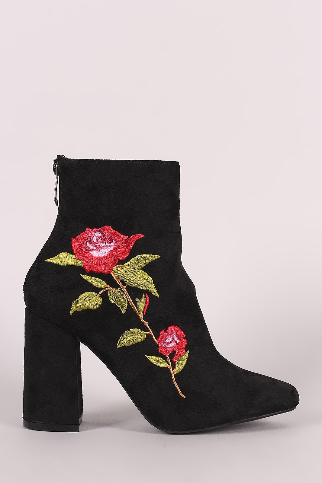 Suede Floral Embroidered Ankle Boots