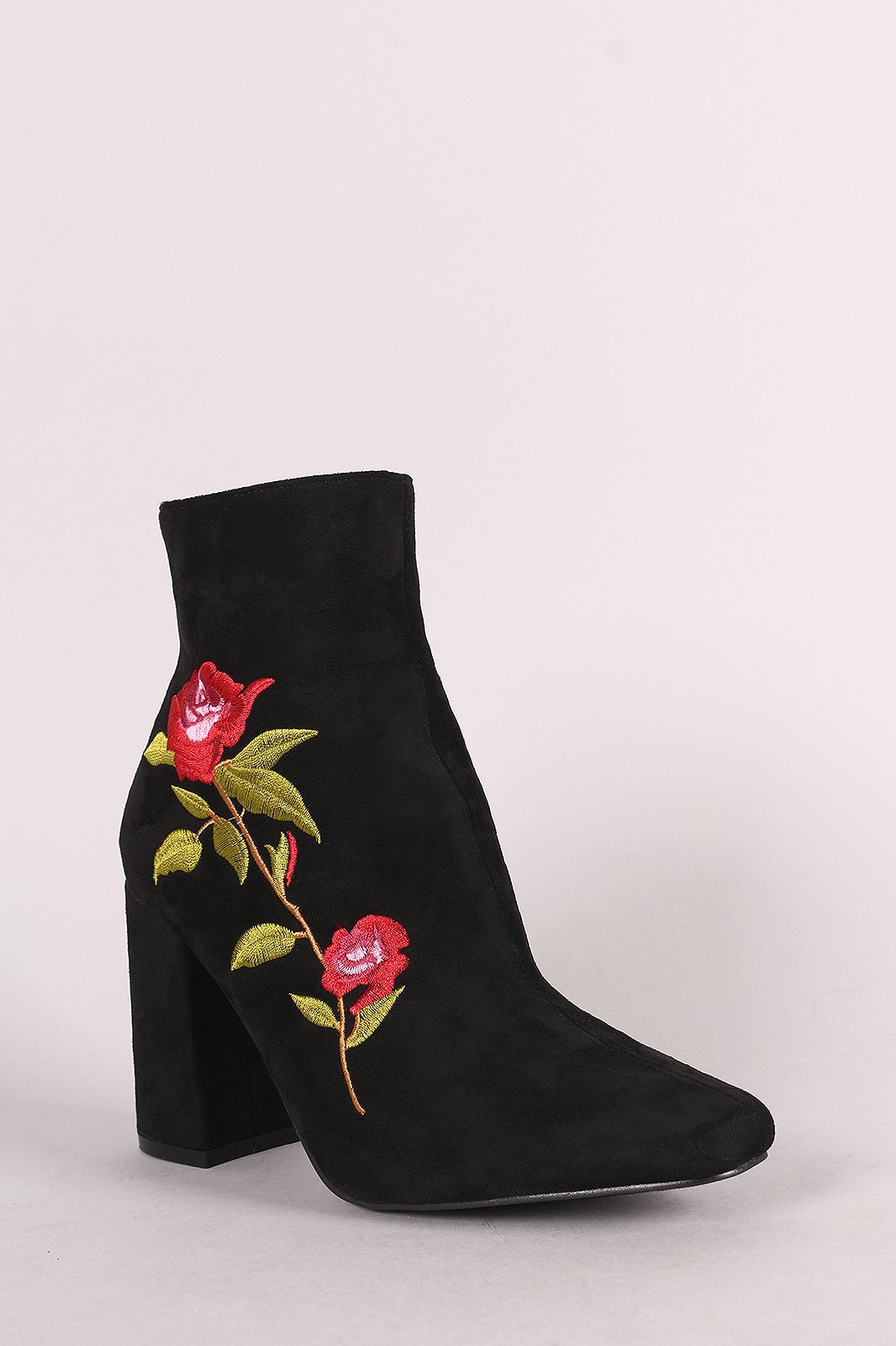 Suede Floral Embroidered Ankle Boots