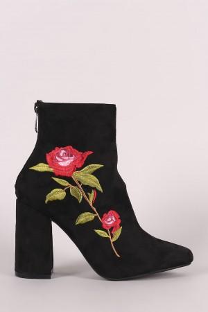 Suede Floral Embroidered Ankle Boots
