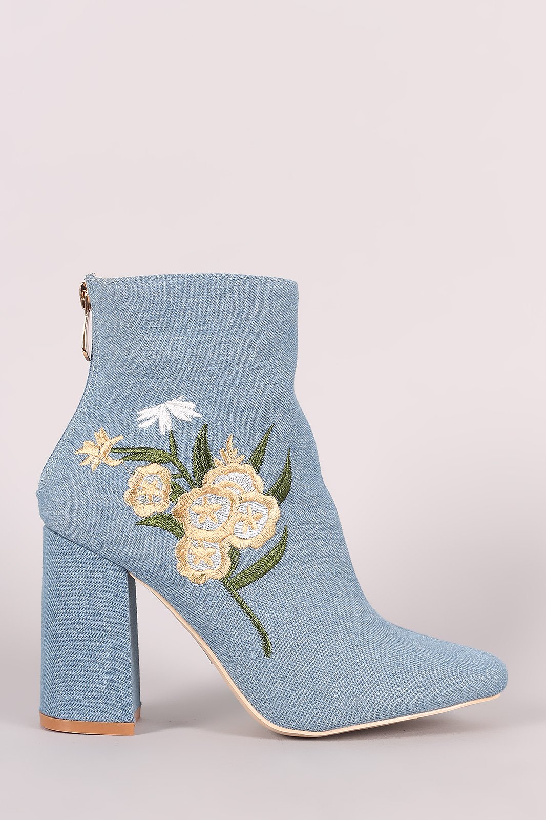 Denim Floral Embroidered Ankle Boots