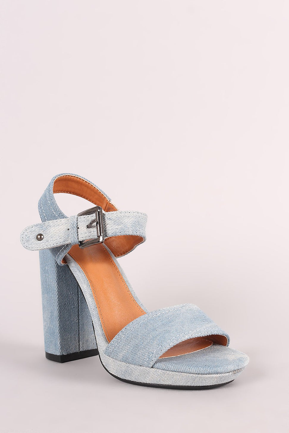 Denim Open Toe Ankle Strap Chunky Platform Heel