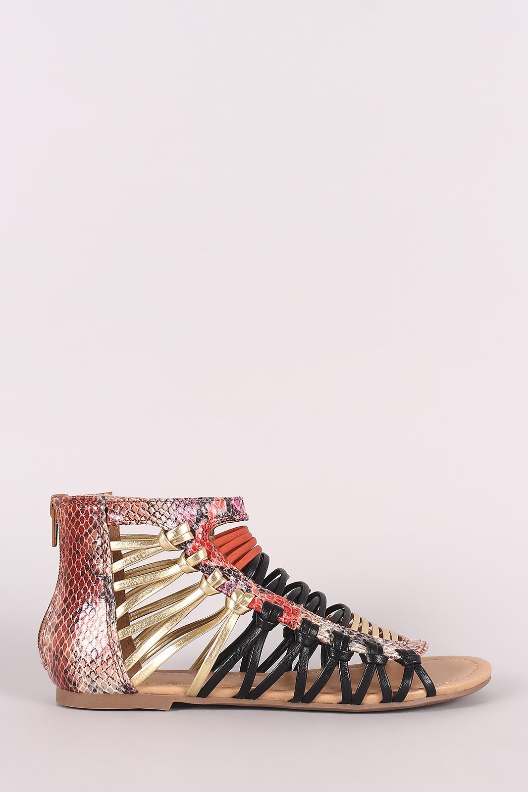 Soda Strappy Snakeskin Open Toe Flat Sandal